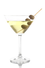 Martini glass with olives isolated on white