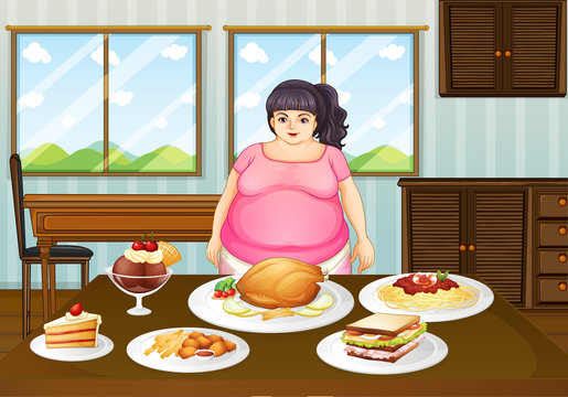 A fat lady in front of a table full of foods