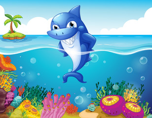 Fototapeta premium A shark in the deep sea smiling