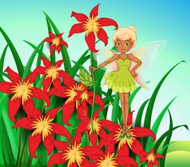 Rolgordijnen Een fee die boven een rode bloem staat © GraphicsRF