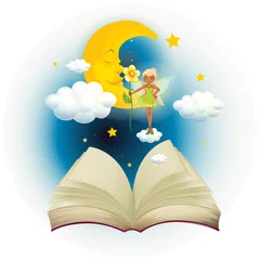 Rolgordijnen Een opengeslagen boek met een afbeelding van een fee en een slapende maan © GraphicsRF