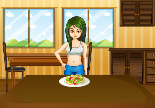 A slim girl in front of a table with a plate full of foods