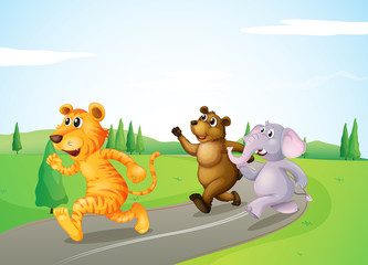 A tiger, a bear and an elephant running along the road