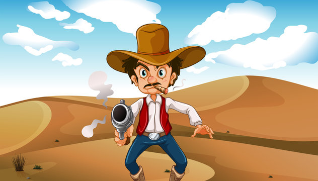 A cowboy smoking with a gun at the desert