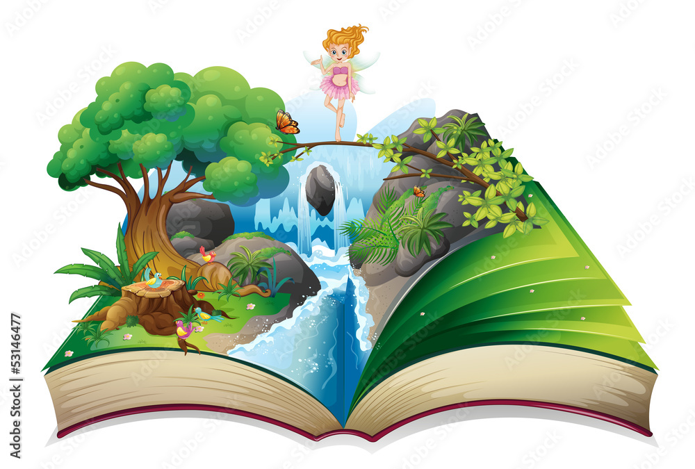 Poster an open book with an image of a fairy land