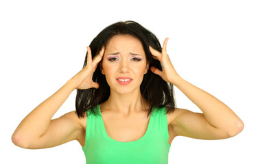 Fototapeta premium Young woman have headache on grey background