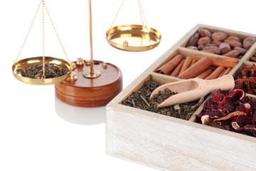 Sale of tea and spices isolated on white