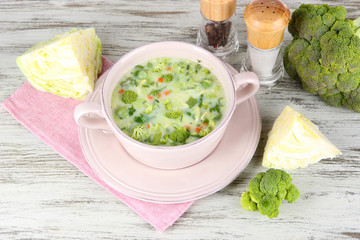 Cabbage soup in plate on napkin on wooden table