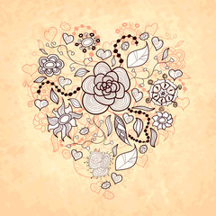 Vector floral doodle heart, made of different flowers