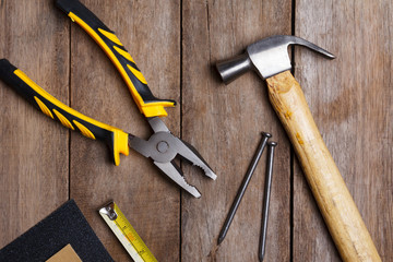 Construction instruments on wooden table