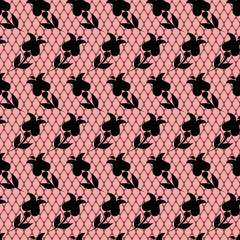 Black lace with flowers on pink seamless pattern, vector