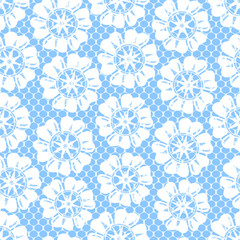 White lace and flowers on blue seamless pattern, vector