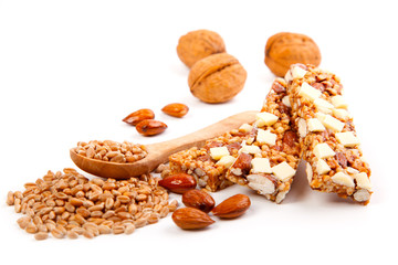 Protein bars with nuts, isolated on white background. / muesli b