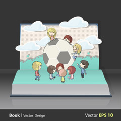 kids around ball on book.
