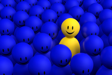 3d yellow man comes out from a blue crowd