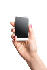 Blank smart phone in female hand