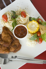 fried chicken with pasta