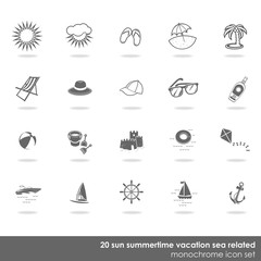 słońce plaża wypoczynek zestaw 20 ikon na białym tle - obrazy, fototapety, plakaty