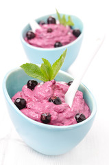 blackcurrant mousse with cream cheese, decorated mint