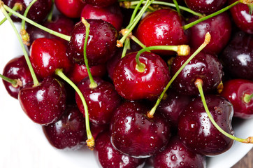 close-up of fresh cherries, selective focus