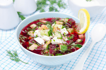 cold beetroot soup with cucumbers, eggs and herbs