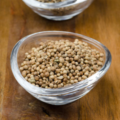 coriander seeds in a glass bowl