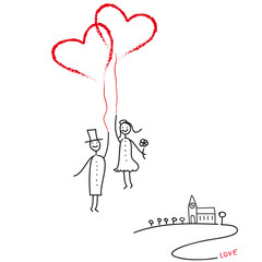 Hochzeitspaar mit Luftballon - Herzen und Kirche. Auf gehts in die Flitterwochen. Ein Paar fliegt in den Honeymoon, die Hochzeitsreise und geniesst das Glück. Frisch verheiratet. - obrazy, fototapety, plakaty