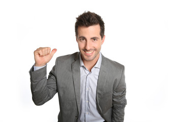 Cheerful businessman doing business presentation