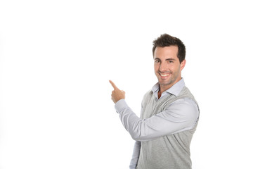 Friendly guy showing text on white background