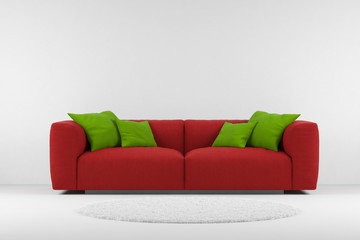 Red couch with carpet