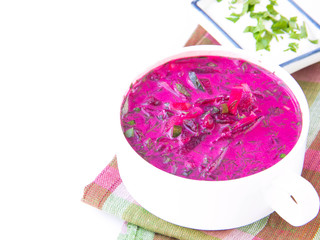 Traditional cold Lithuanian summery soup made of beets, cucumber