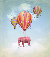 Pink elephant in the sky with balloons. Illustration