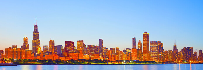 Fototapeta na wymiar Miasto Chicago USA, panoramę panoramy kolorowe słońca