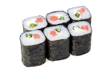 Hosomaki sushi with salmon and onions