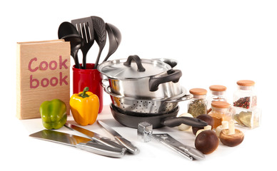 composition of kitchen tools,spices and vegetables isolated