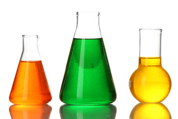 Test tubes with colorful liquids isolated on white