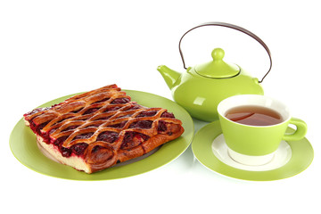 Cherry Pie with tea isolated on white