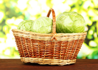 Green cabbage in wicker basket, on bright background