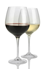 Two glasses of  red and white wine, isolated on white