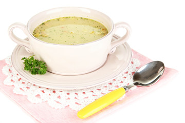 Nourishing soup with vegetables in pan isolated on white
