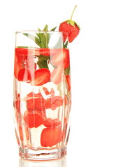 Glass of fruit drink with ice cubes isolated on white