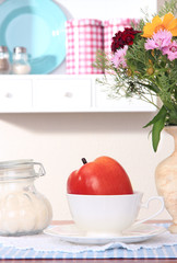 Kitchen composition on table on shelf background