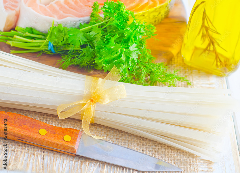 Poster raw rice noodles and raw salmon