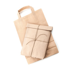Paper bag and envelope with rope isolated
