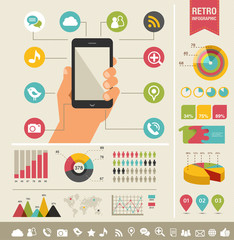 mobile phone with icons - infographic and website background