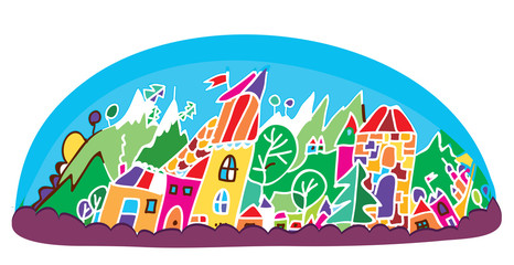 Fototapeta premium Funny landscape for tourism - mountains and town cartoon