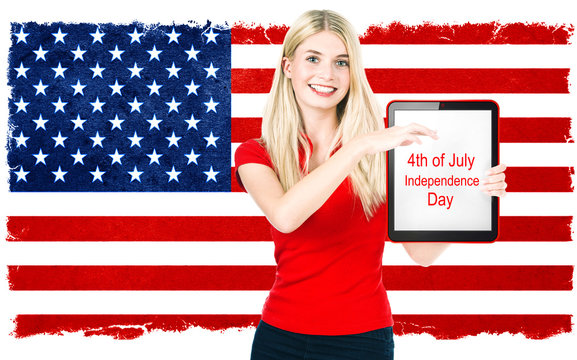 young woman with american national flag