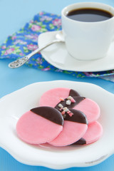 Pink peppermint cookies with chocolate.
