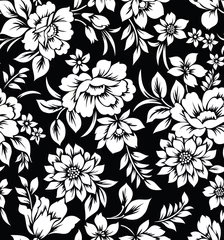 Printed roller blinds Flowers black and white Decorative seamless floral wallpaper