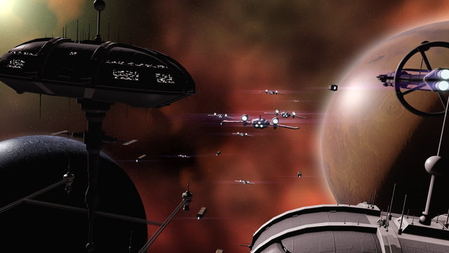Armada space fleet flying to planets